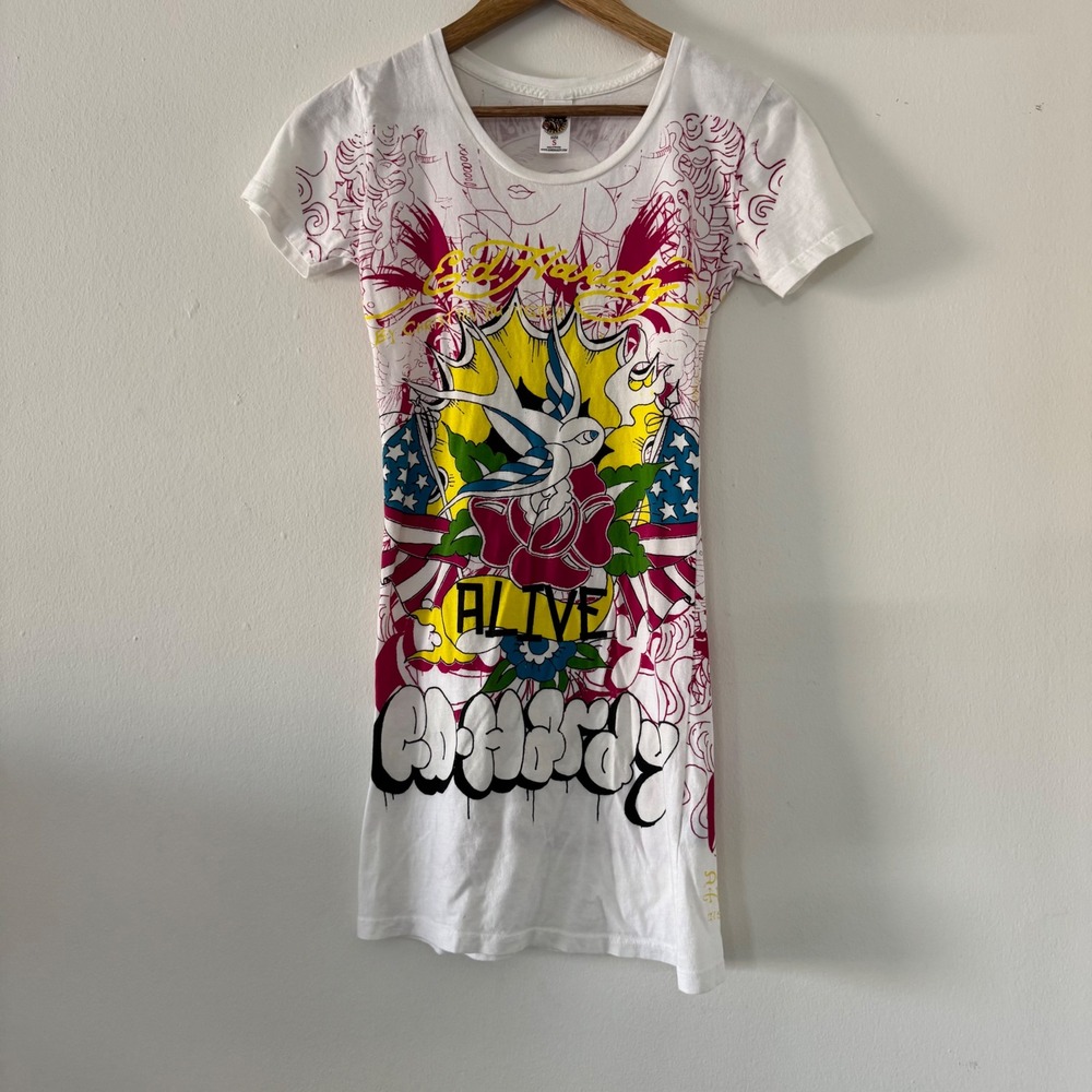 Ed Hardy Christian Audigier White Tattoo Graphic T-Shirt Mini Dress S Grunge Y2K
